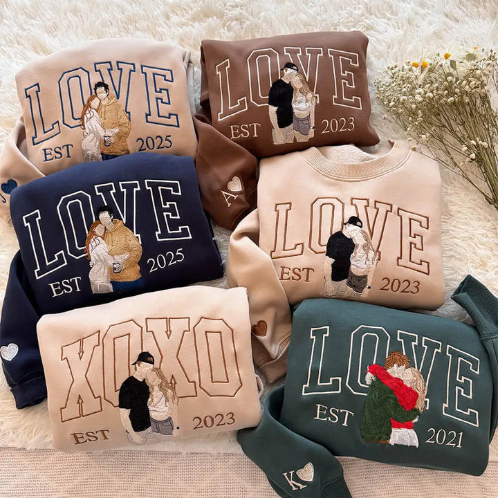 Custom Photo Embroidered Couple Sweatshirt - LOVE / XOXO Design
