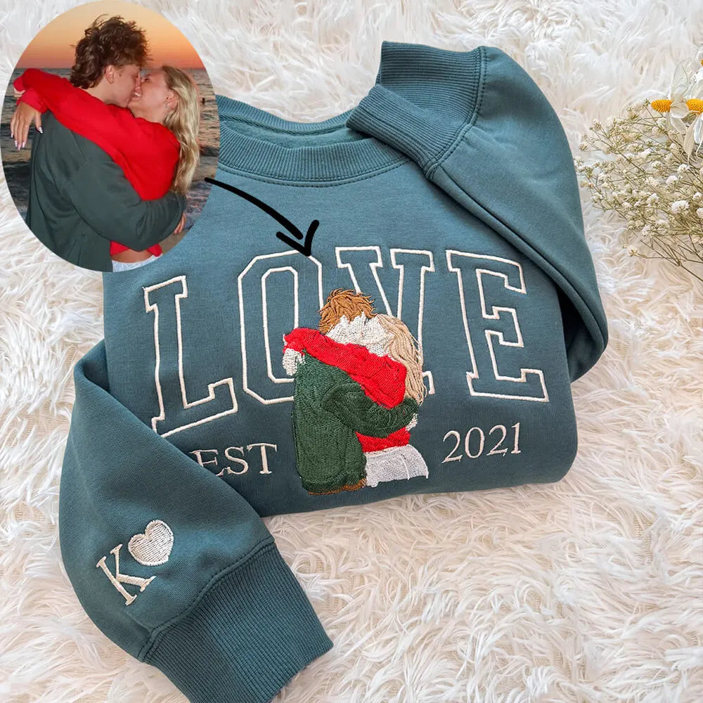 Custom Photo Embroidered Couple Sweatshirt - LOVE / XOXO Design