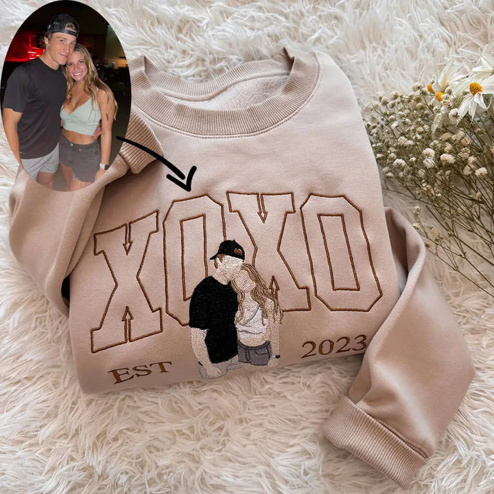 Custom Photo Embroidered Couple Sweatshirt - LOVE / XOXO Design