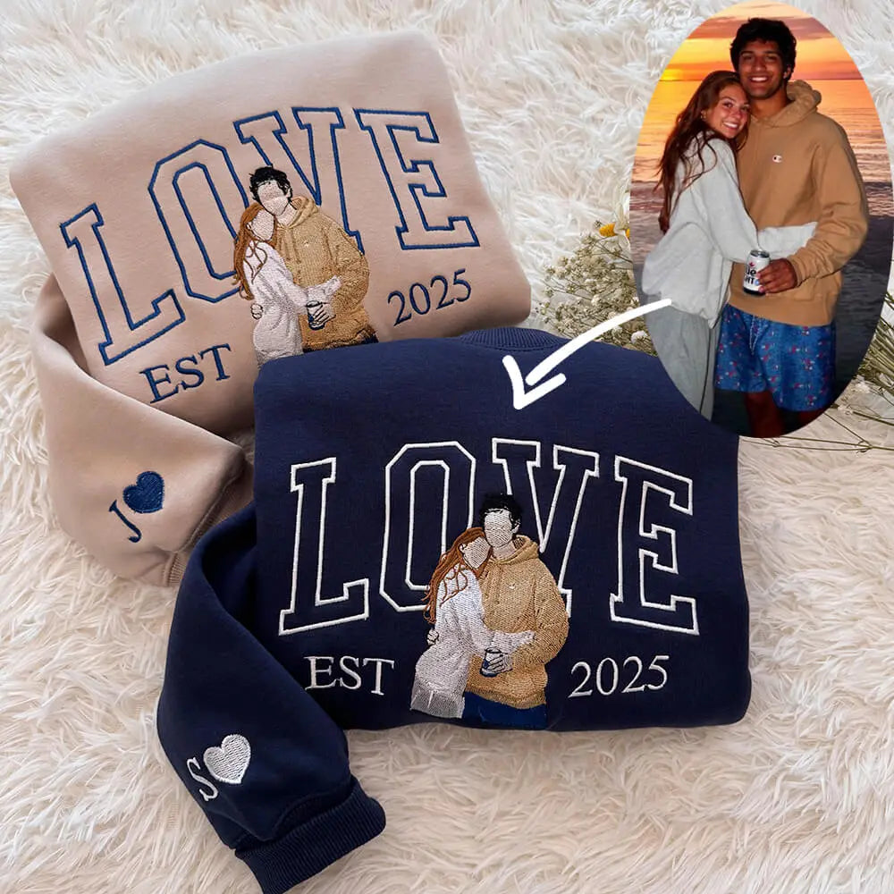 Custom Photo Embroidered Couple Sweatshirt - LOVE / XOXO Design
