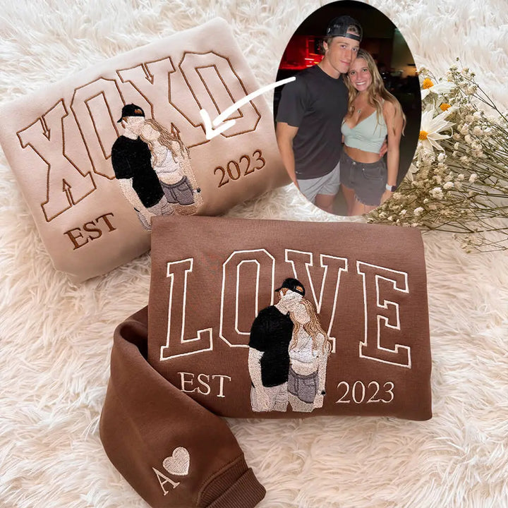 Custom Photo Embroidered Couple Sweatshirt - LOVE / XOXO Design