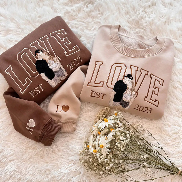 Custom Photo Embroidered Couple Sweatshirt - LOVE / XOXO Design