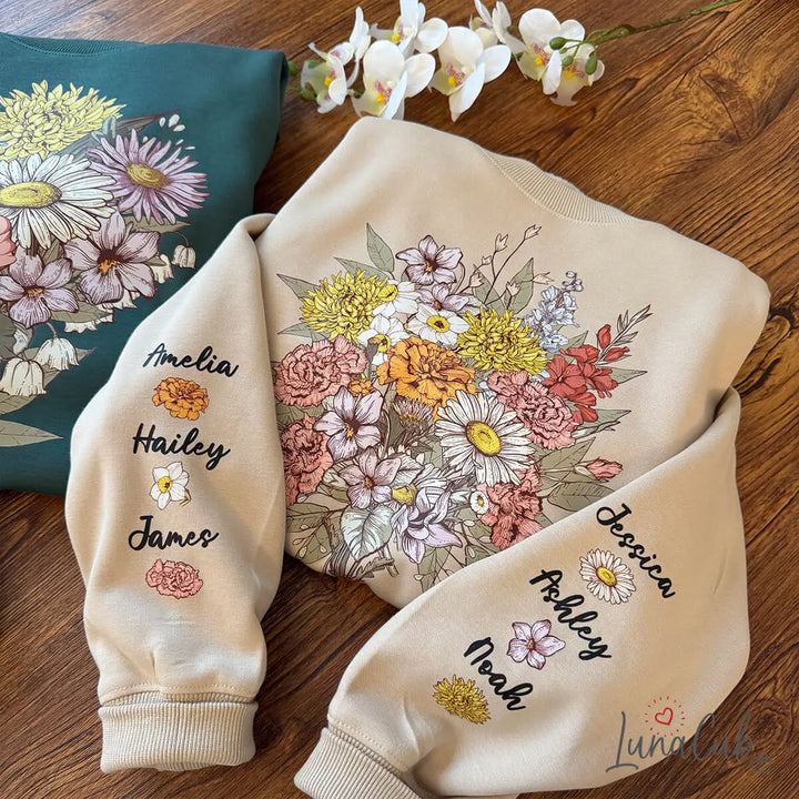 Custom Birth Flower Bouquet Sweatshirt | Personalized Family Name Floral Sweatshirt | Mother’s Day Gift for Mom, Grandma
