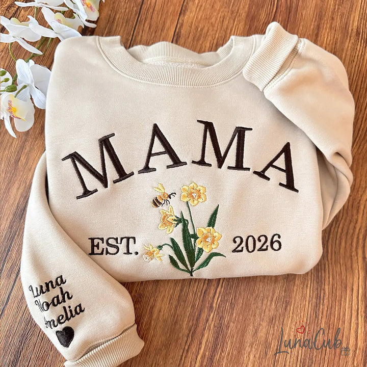 Custom MAMA Birth Month Flower Sweatshirt – Custom Birth Month, Year &amp; Sleeve Names | Gift for Mom