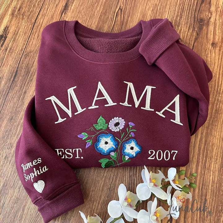 Custom MAMA Birth Month Flower Sweatshirt – Custom Birth Month, Year &amp; Sleeve Names | Gift for Mom