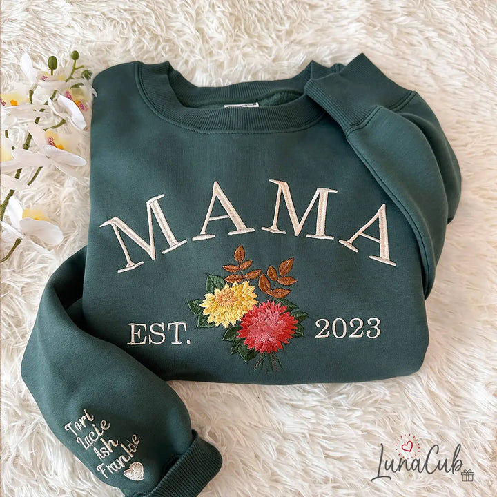 Custom MAMA Birth Month Flower Sweatshirt – Custom Birth Month, Year &amp; Sleeve Names | Gift for Mom