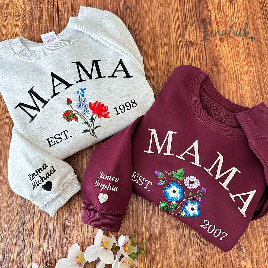 Custom MAMA Birth Month Flower Sweatshirt – Custom Birth Month, Year &amp; Sleeve Names | Gift for Mom