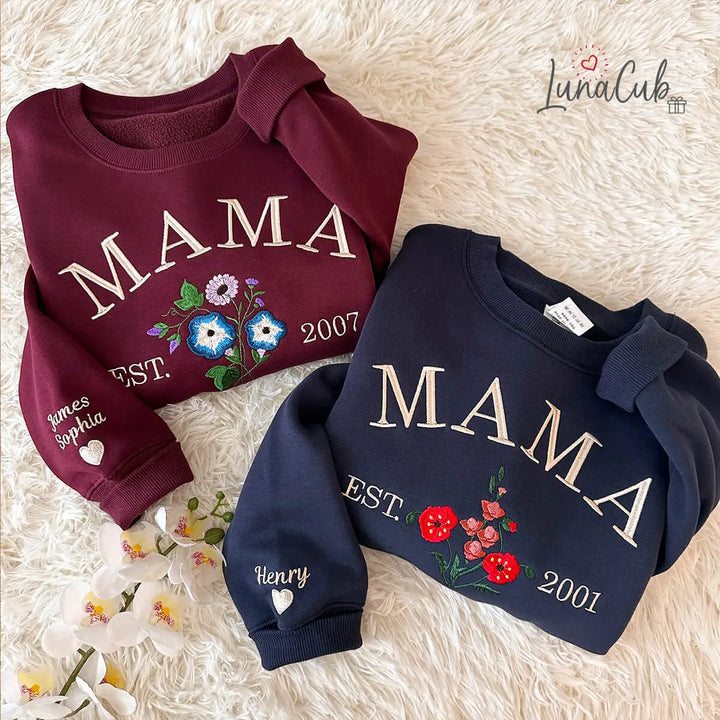 Custom MAMA Birth Month Flower Sweatshirt – Custom Birth Month, Year &amp; Sleeve Names | Gift for Mom