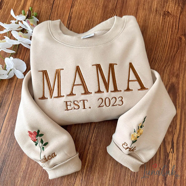 Custom MAMA Sweatshirt with Family Birth Flowers – Embroidered Name &amp; Year | 2026 Mother’s Day Gift