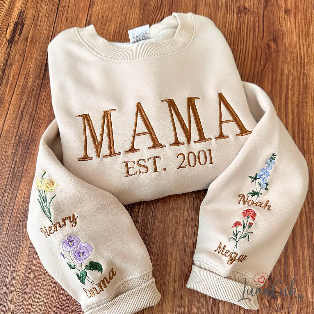 Custom MAMA Sweatshirt with Family Birth Flowers – Embroidered Name &amp; Year | 2026 Mother’s Day Gift