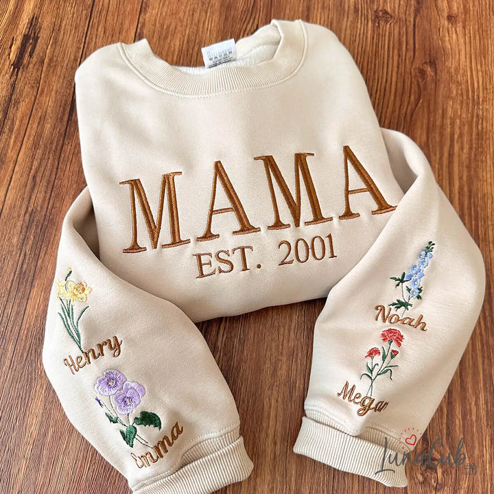 Custom MAMA Sweatshirt with Family Birth Flowers – Embroidered Name &amp; Year | 2026 Mother’s Day Gift