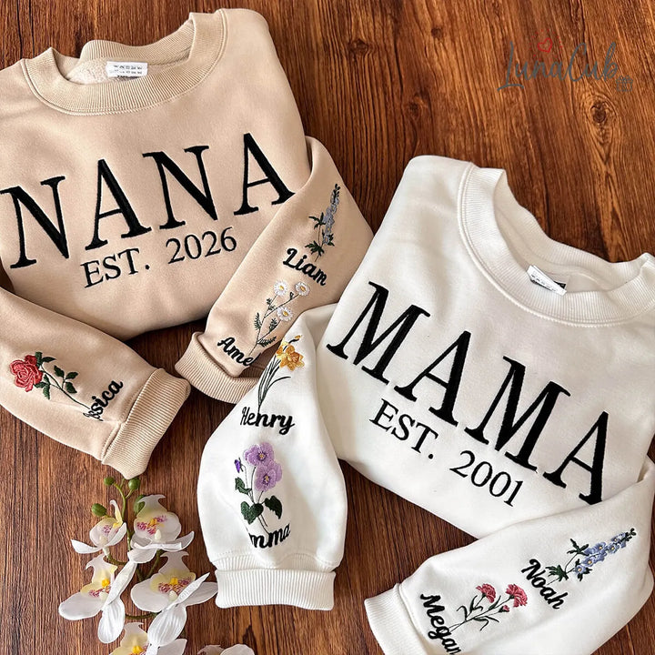 Custom MAMA Sweatshirt with Family Birth Flowers – Embroidered Name &amp; Year | 2026 Mother’s Day Gift