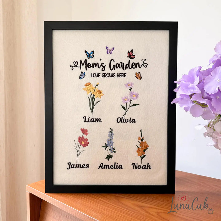 Personalized Mom’s Garden Embroidered Birth Flower Frame – Custom Family Names | 2026 Mother’s Day Gift