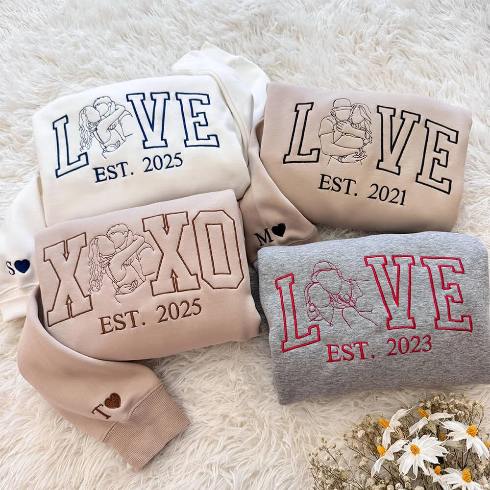 Custom Couple Line Art Embroidered Sweatshirt – Valentine’s Gift