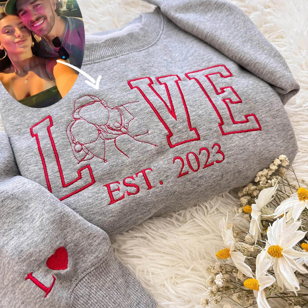 Custom Couple Line Art Embroidered Sweatshirt – Valentine’s Gift
