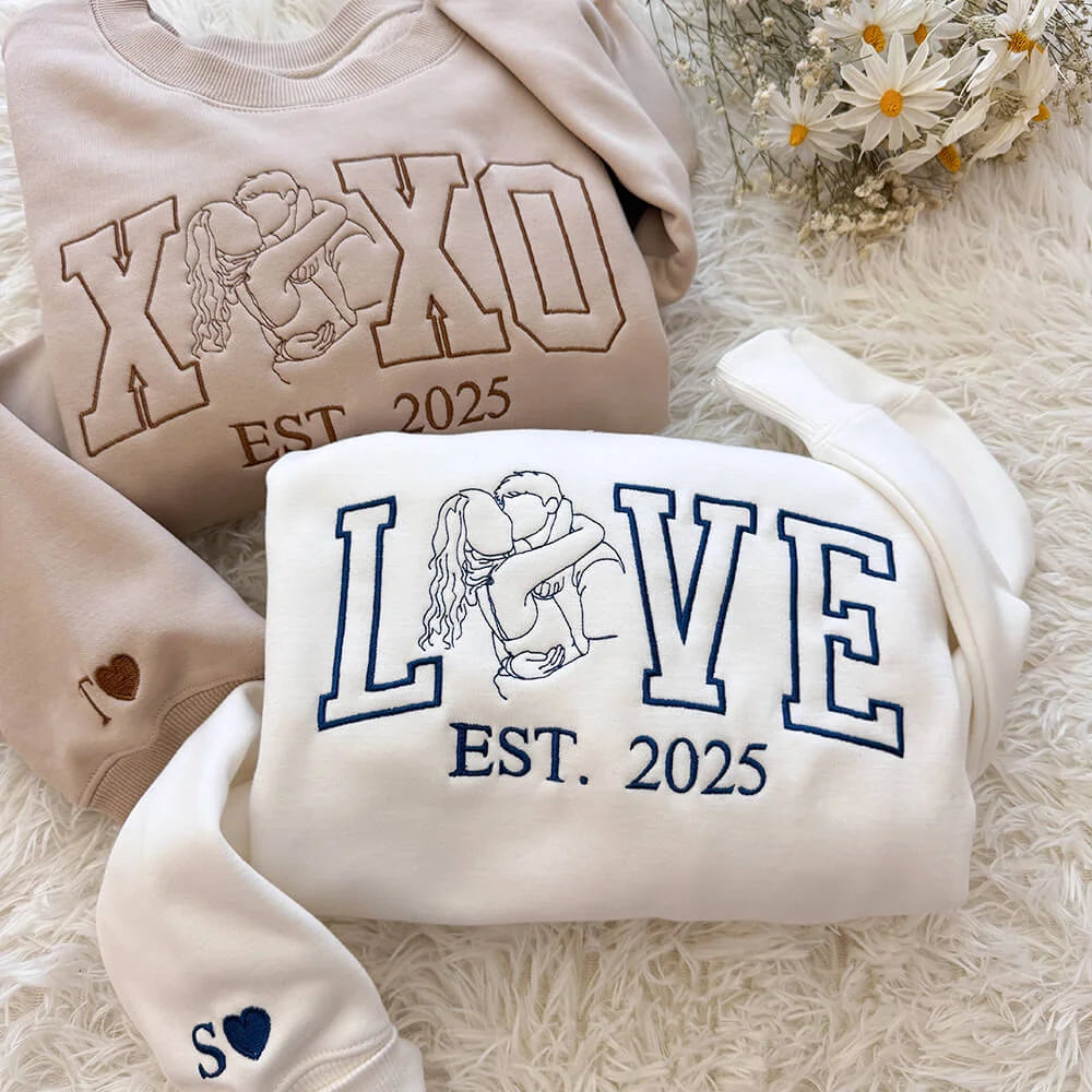 Custom Couple Line Art Embroidered Sweatshirt – Valentine’s Gift